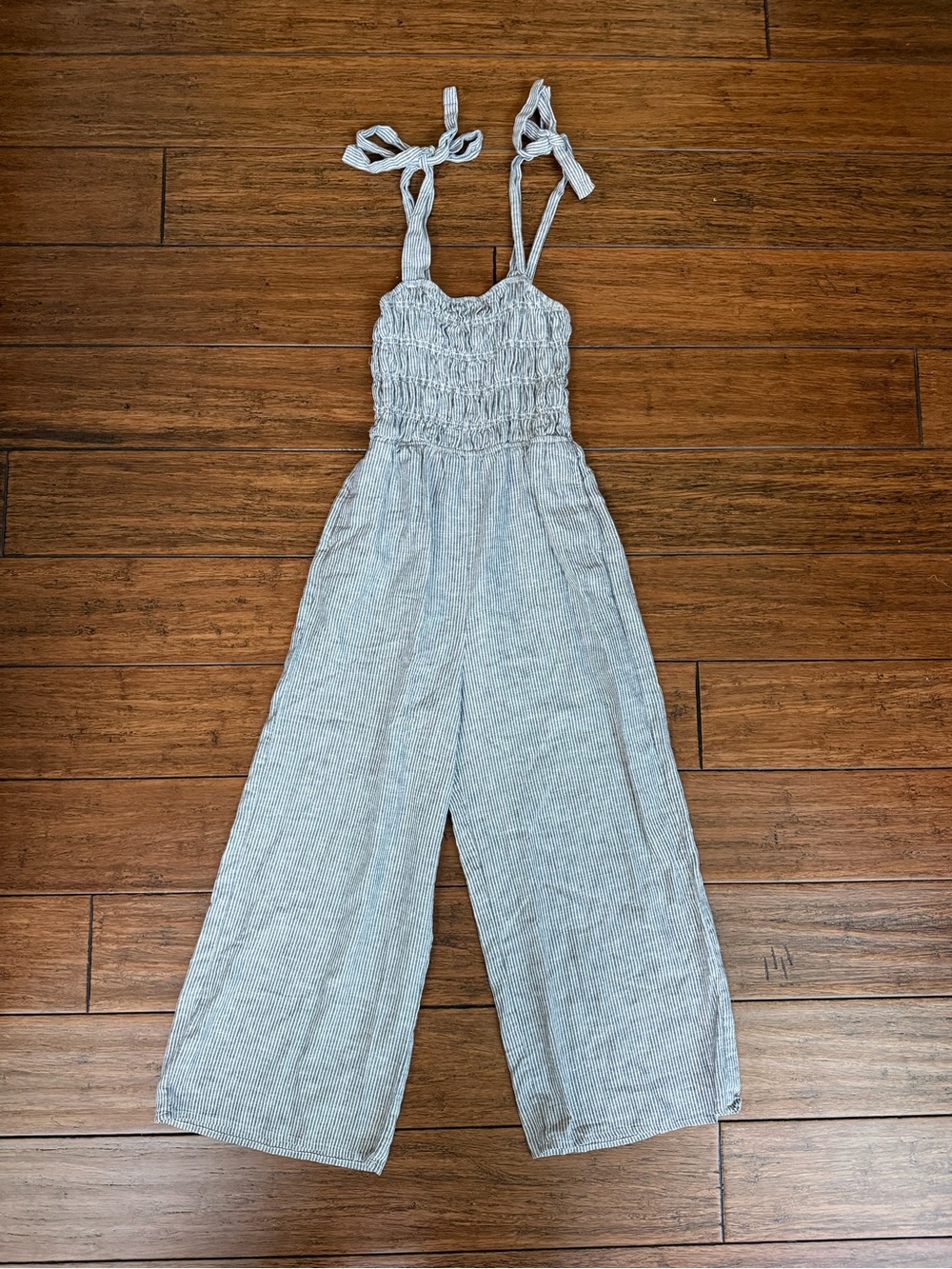 Garage Linen Blend Blue/White Striped Wide Leg Jumpsuit Size S Petite | Coastal